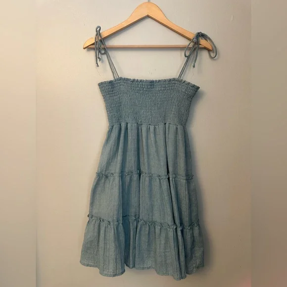 Altar'd State Sage Green Smocked Summer Dress Size L Buttons Adjustable Straps - Picture 2 of 8